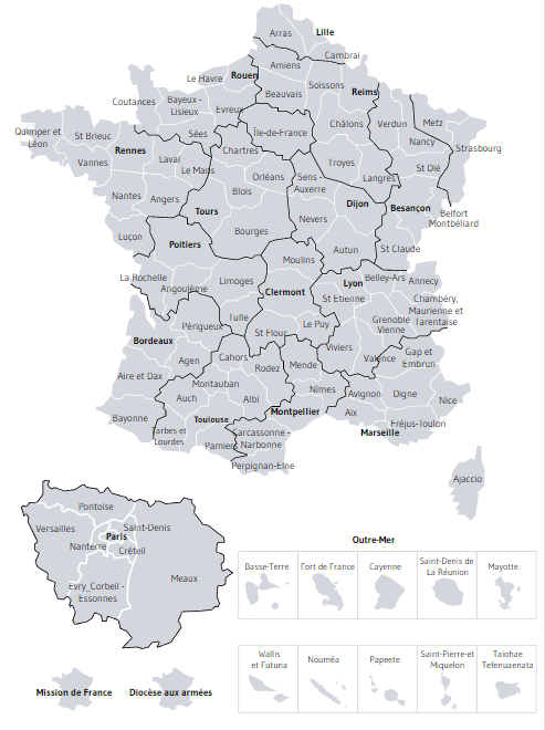 Carte des diocèses - © Église catholique en France Édité par la Conférence des évêques de France